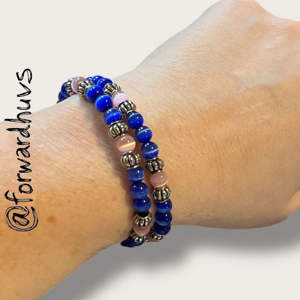 Cat’s Eye Memory Wire Bracelet – Pink & Blue with Silver Spacers